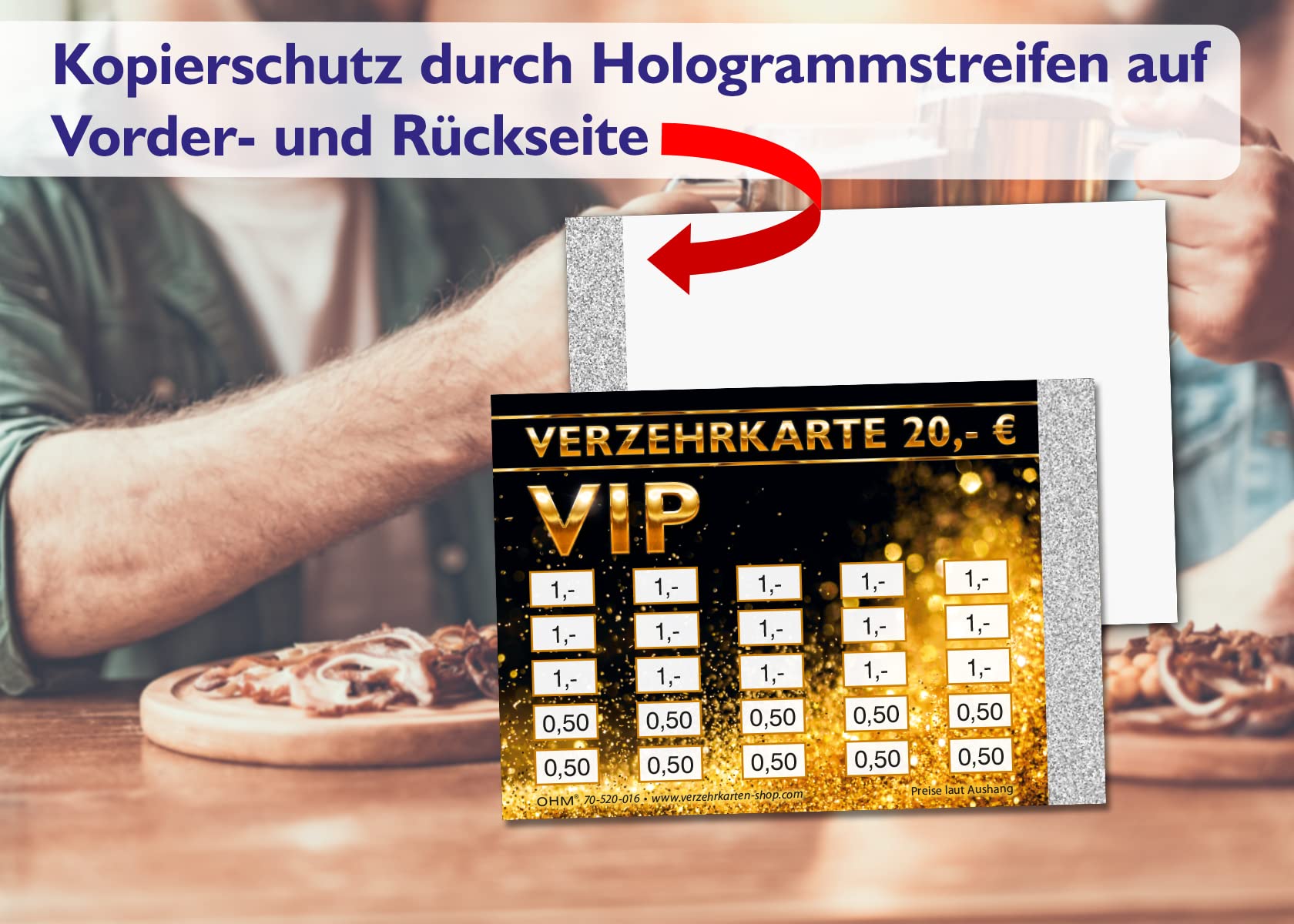 250 Verzehrkarten VIP Gesamtwert 20 Euro Einzelwerte 0,50/1,- | Kopierschutz durch Hologrammstreifen, DIN A7, Bezahl-Alternative zu Wertmarken für Veranstaltungen, Vereine und Gastronomie