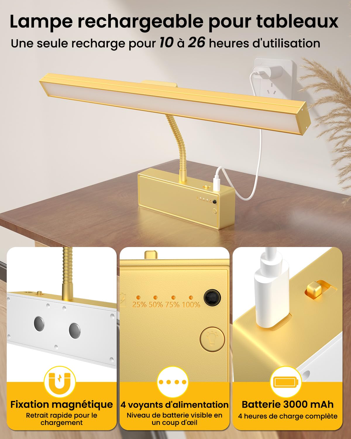 Applique Murale pour Tableaux, Eclairage Tableau sans fil Rechargeable 3000mAh avec Télécommande et Minuterie, Lampe Murale LED Magnétique Dimmable pour Art, Galerie, Cible de Fléchettes, Or