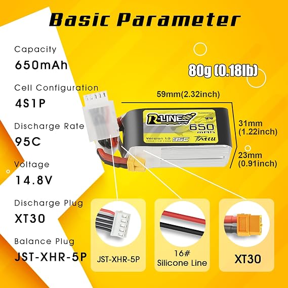 TATTU 4S LiPo Battery 650mAh 14.8V 95C 4S Lipo Battery with XT30 Plug for Multi Rotor FPV from Size 90 to 180 Torrent 110 Lizard 95