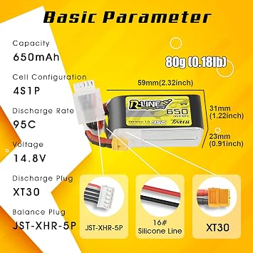 TATTU 4S LiPo Battery 650mAh 14.8V 95C 4S Lipo Battery with XT30 Plug for Multi Rotor FPV from Size 90 to 180 Torrent 110 Lizard 95