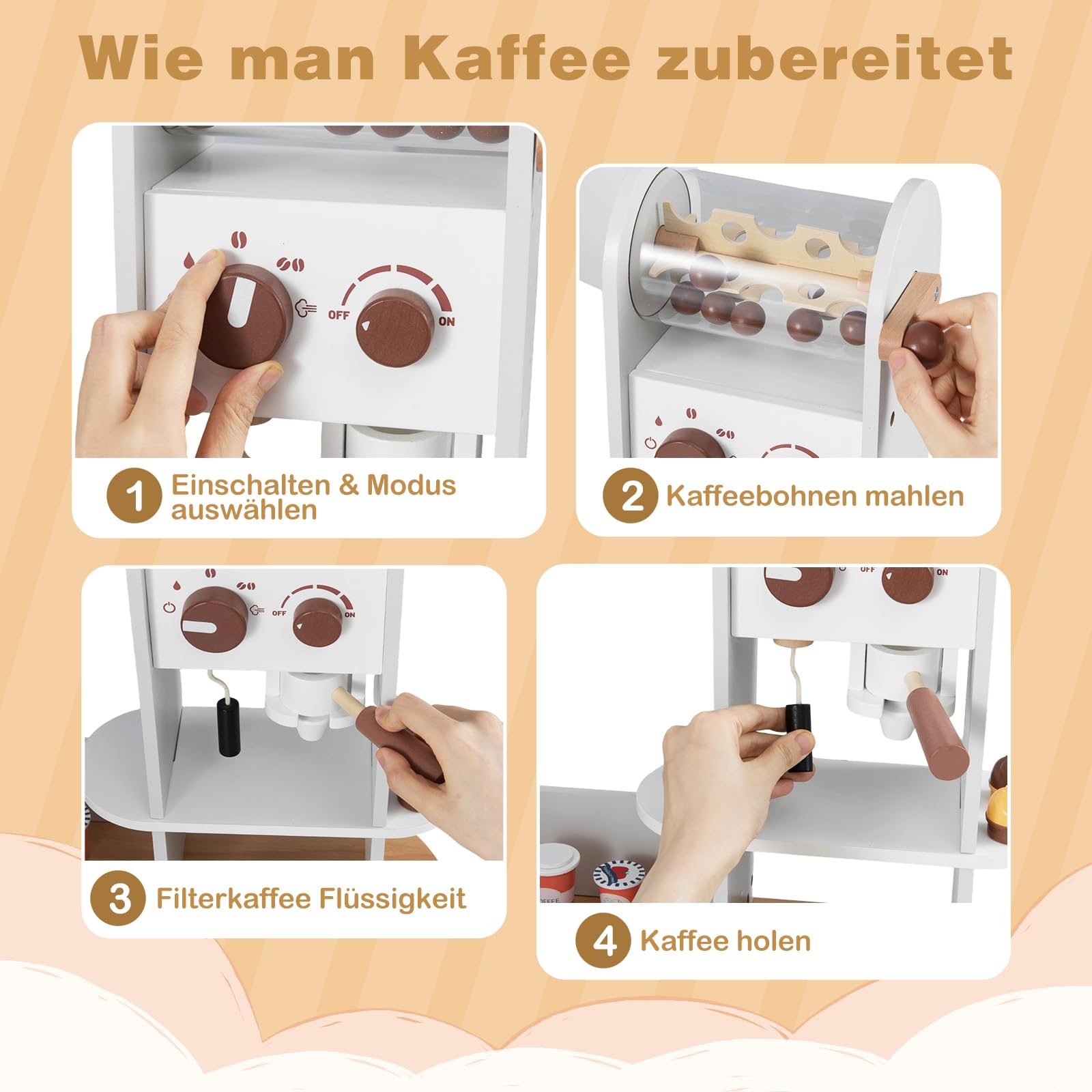 COSTWAY Kinderküche, Eck-Spielküche inkl. 12 Zubehör & Stoffkörben, Holzküche mit Doppeltür-Kühlschrank, Kaffeemaschine & Waschmaschine, Spielzeugküche mit Licht & Sound für Kinder ab 3 Jahren (Weiß)