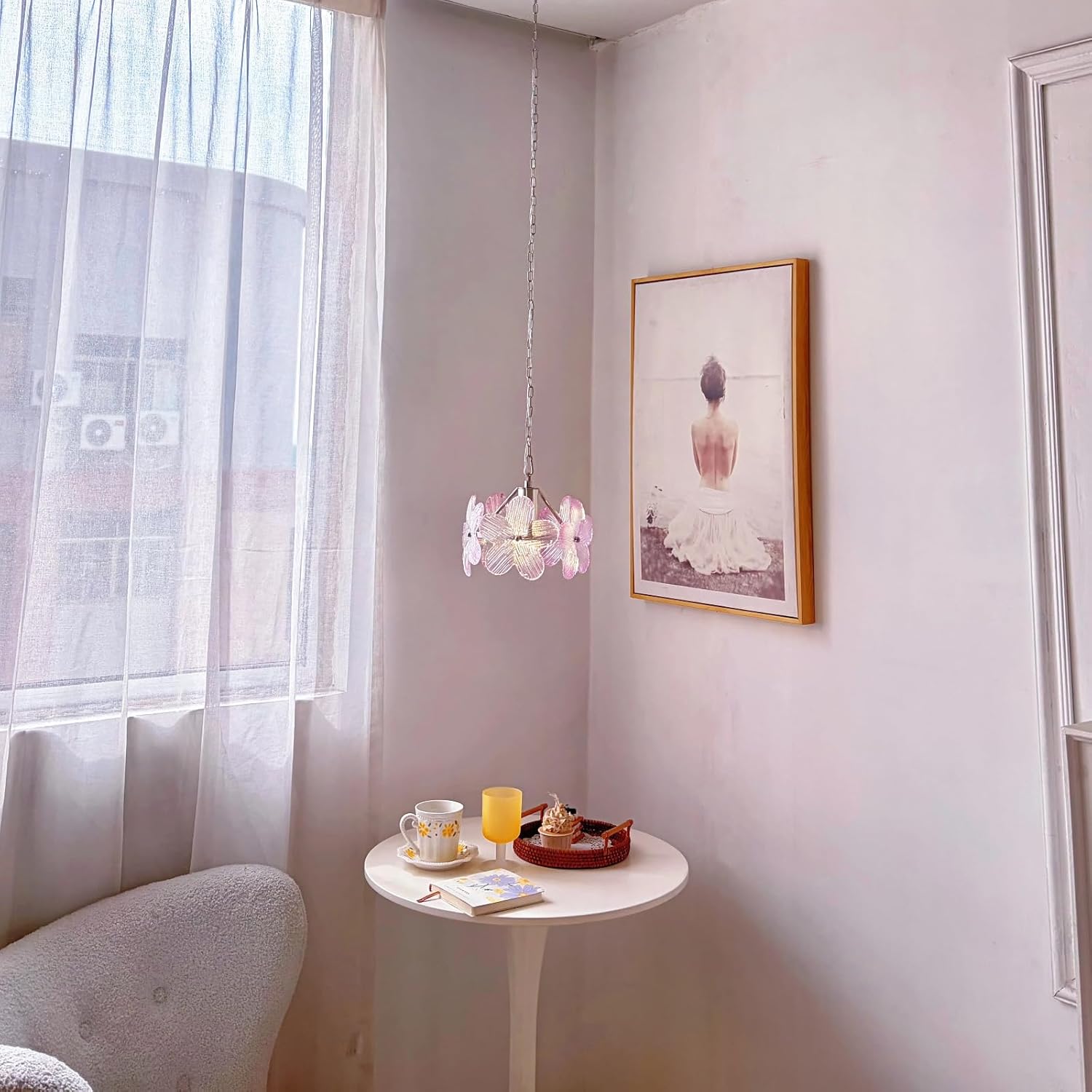 Ombre Purple Glass Flower Pendant Light - Silver Finish Mini Chandelier with Adjustable Chain - E26 Small Hanging Light Fixture for Bedroom, Dining Room, Kitchen Island (8.66" Dia)