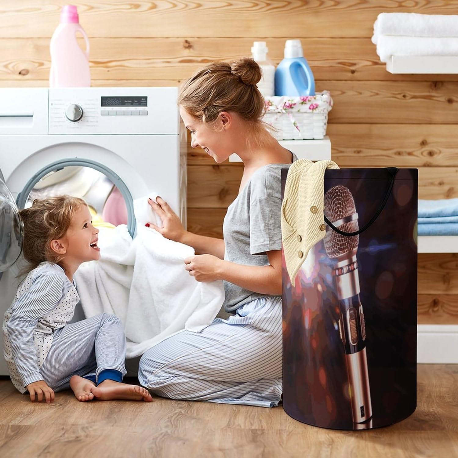 Karaoke Microphone Laundry Hamper Large Capacity 15.7x27.2 Inch, Collapsible Dirty Clothes Basket with Handles, Foldable Storage Bin Laundry Basket for Bedroom Bathroom Dorm