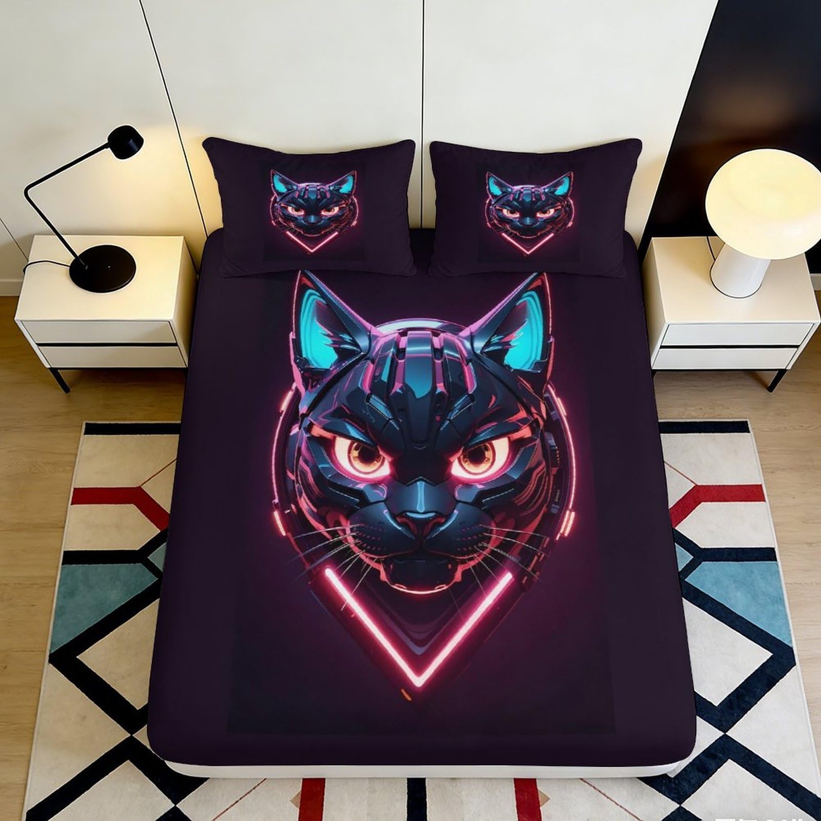 3D Printed Cyber Cat Fitted Sheet Microfiber Soft Breathable Neon Panther Mattress Cover for Bedroom Dorm Mattress Protection Decor 90x200x25cm