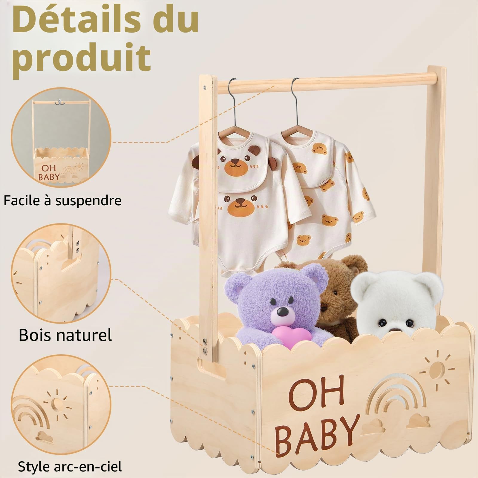 Cadeau de fête prénatale avec poignée, en bois, 34 x 22,8 x 17,5 cm, panier de rangement décoratif, cadeau pour anniversaire, fête prénatale, nouveau-né, nouveaux parents (A)