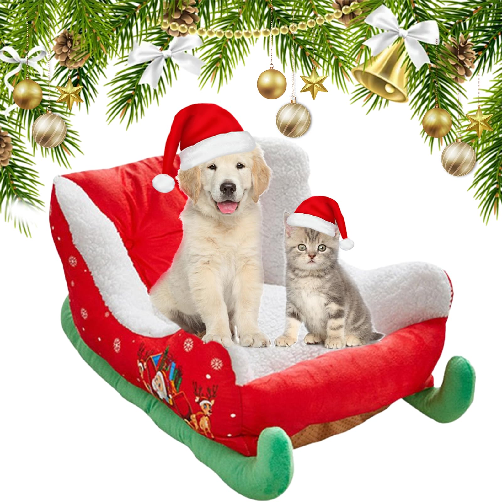 Qosneoun Christmas Sleigh Dog Bed, Interesting Red Christmas Cat Dog Bed, Festive Plush Cosy Cat Beds - Xmas Sleigh,Machine Washable, Non-Slip ＆ Comfortable (A, M(65 * 50 * 28cm))