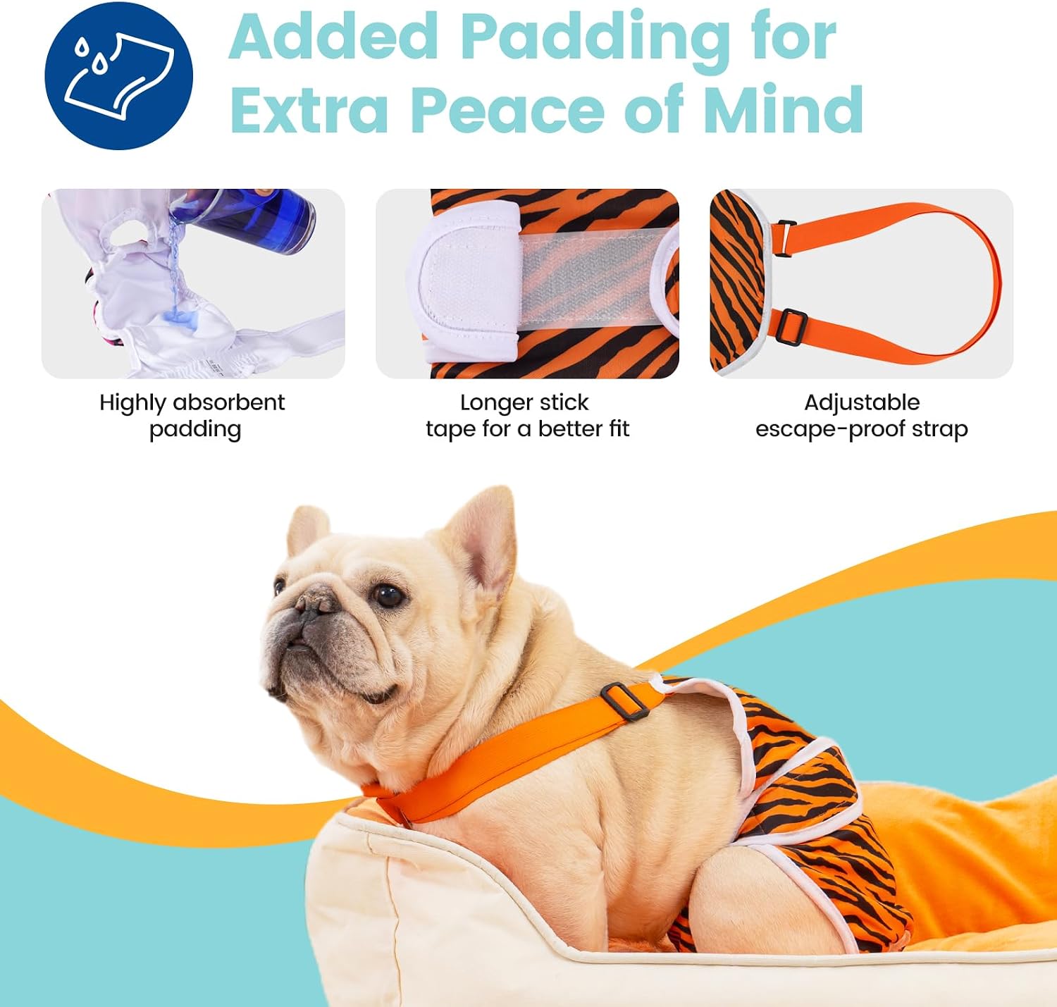 Avont 3 Pack Frenchie Dog Diapers Female, Washable Reusable Girl Doggie Pants for Period Heat Cycle, Full Body Cover Onesie with Adjustable Straps -Tiger/Cow/Leopard L