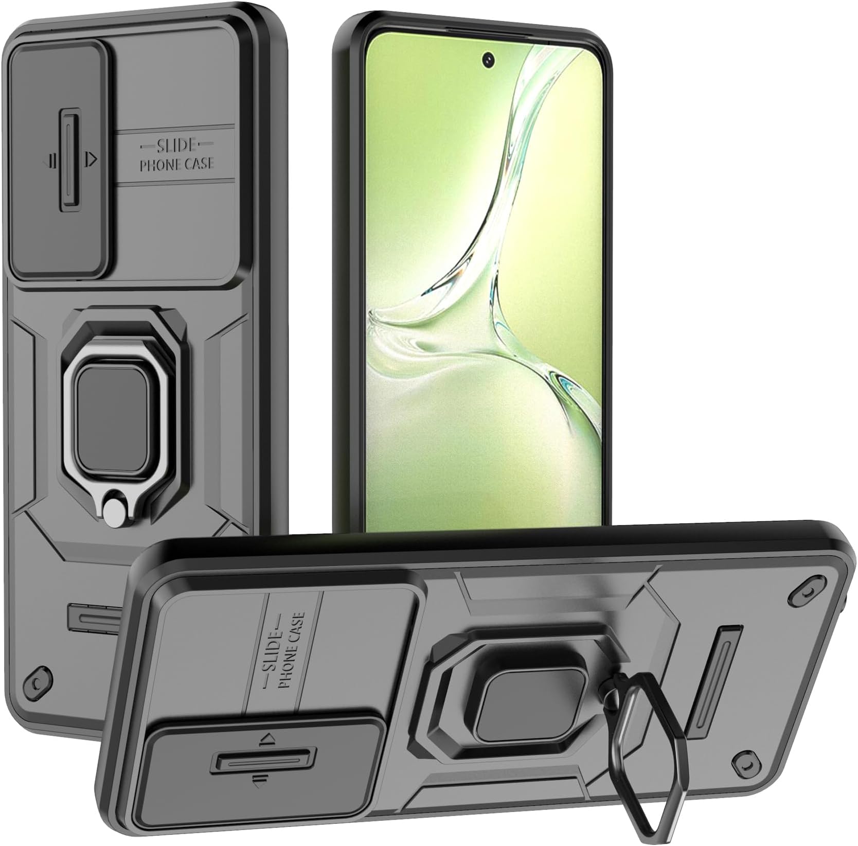 Lustree Back Cover Shockproof Silicone Military Anti-Drop Case with 360° Metal Bracket and Sliding Camera Cover Case for Oppo K12x - Black