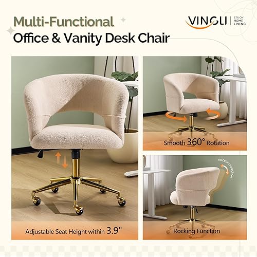 Miniatura 6 de VINGLI Moderna silla curvada de escritorio para oficina y tocador, bonita silla tapizada de uñas con ruedas, giratoria de 360, club, inclinable y