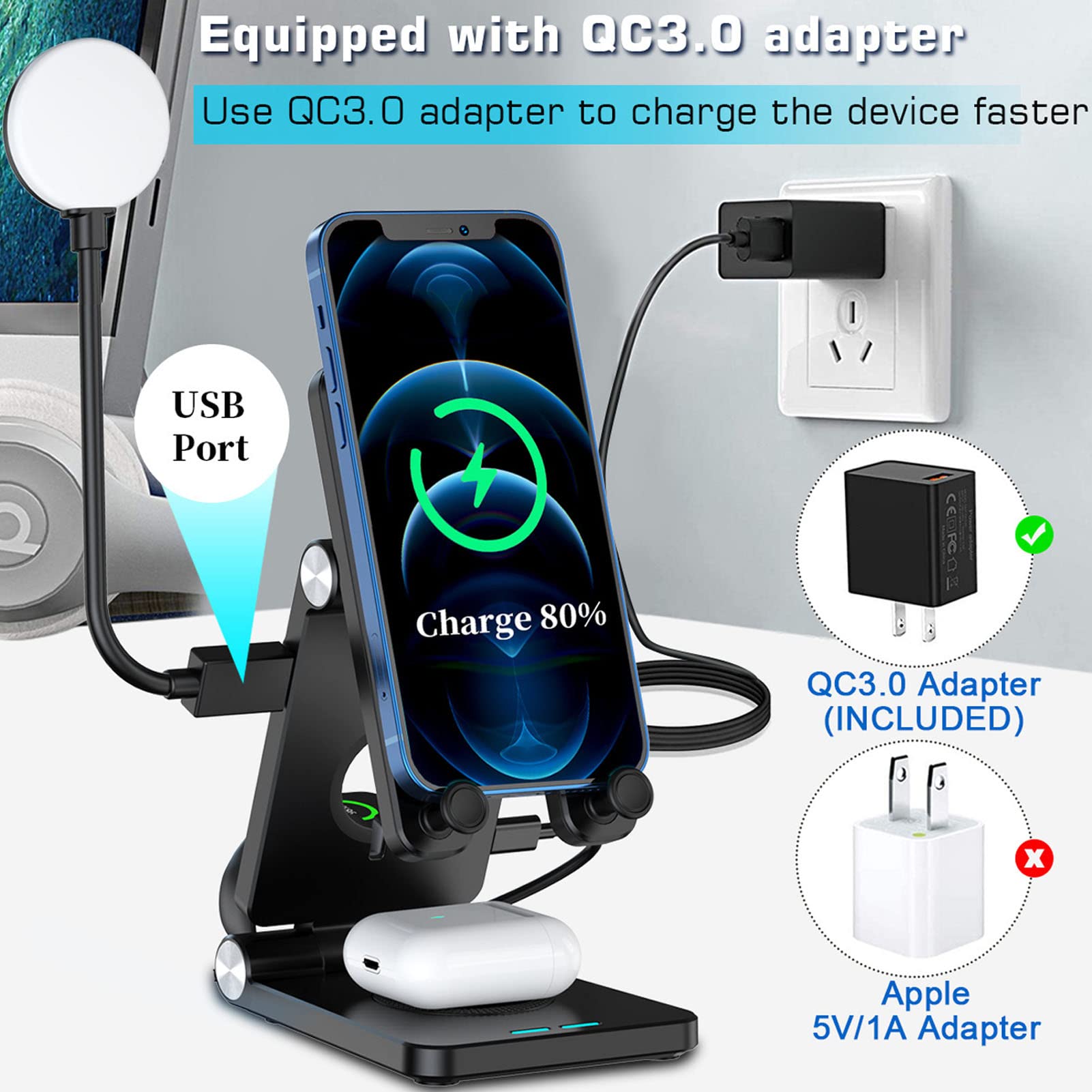 Cargador inalámbrico 4 en 1 estación de carga plegable de 18 W, compatible con carga de auricular de reloj de teléfono móvil(Negro)