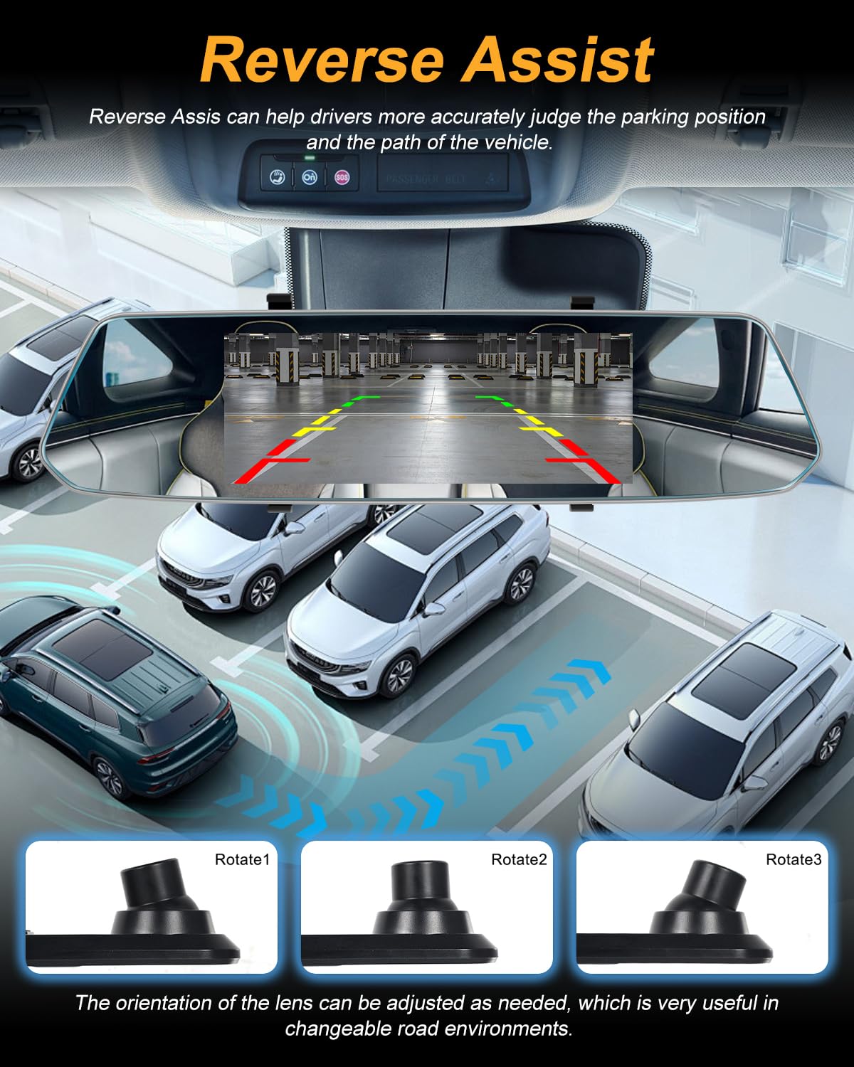 NHOPEEW Dash Cam a specchio da 7 pollici con doppia telecamera anteriore e posteriore - Sensore di gravità/registrazione in loop/rilevamento del movimento/monitor di parcheggio + scheda SD da 64G