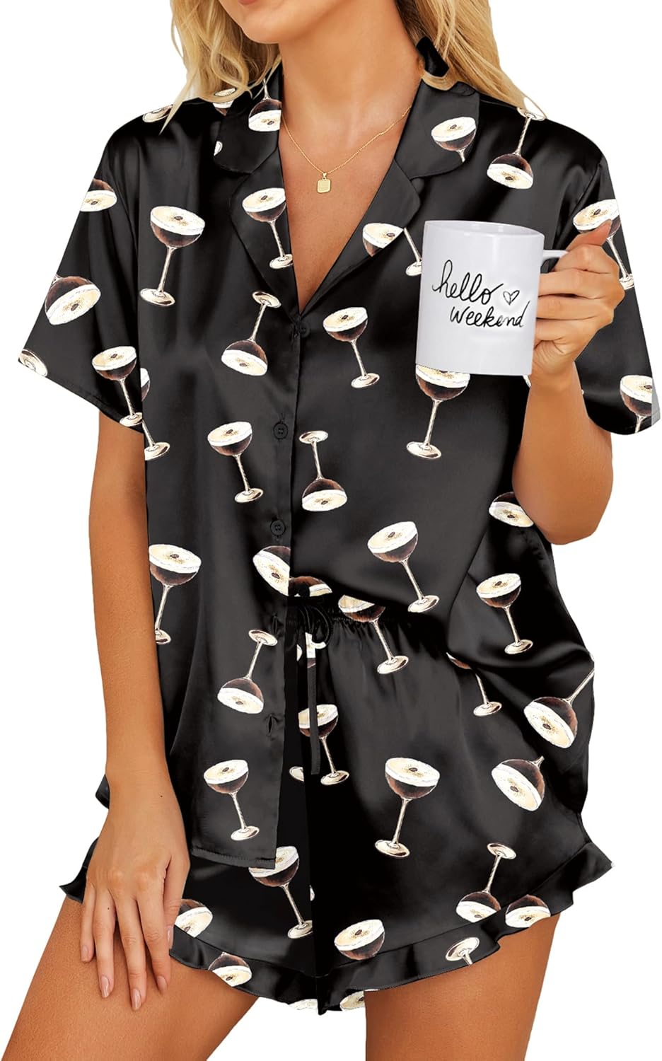 Ekouaer Womens Satin Pajamas Set Button Down 2 Piece Silk Pjs Shorts Set Ruffle Lingerie Notch Collar Sleepwear