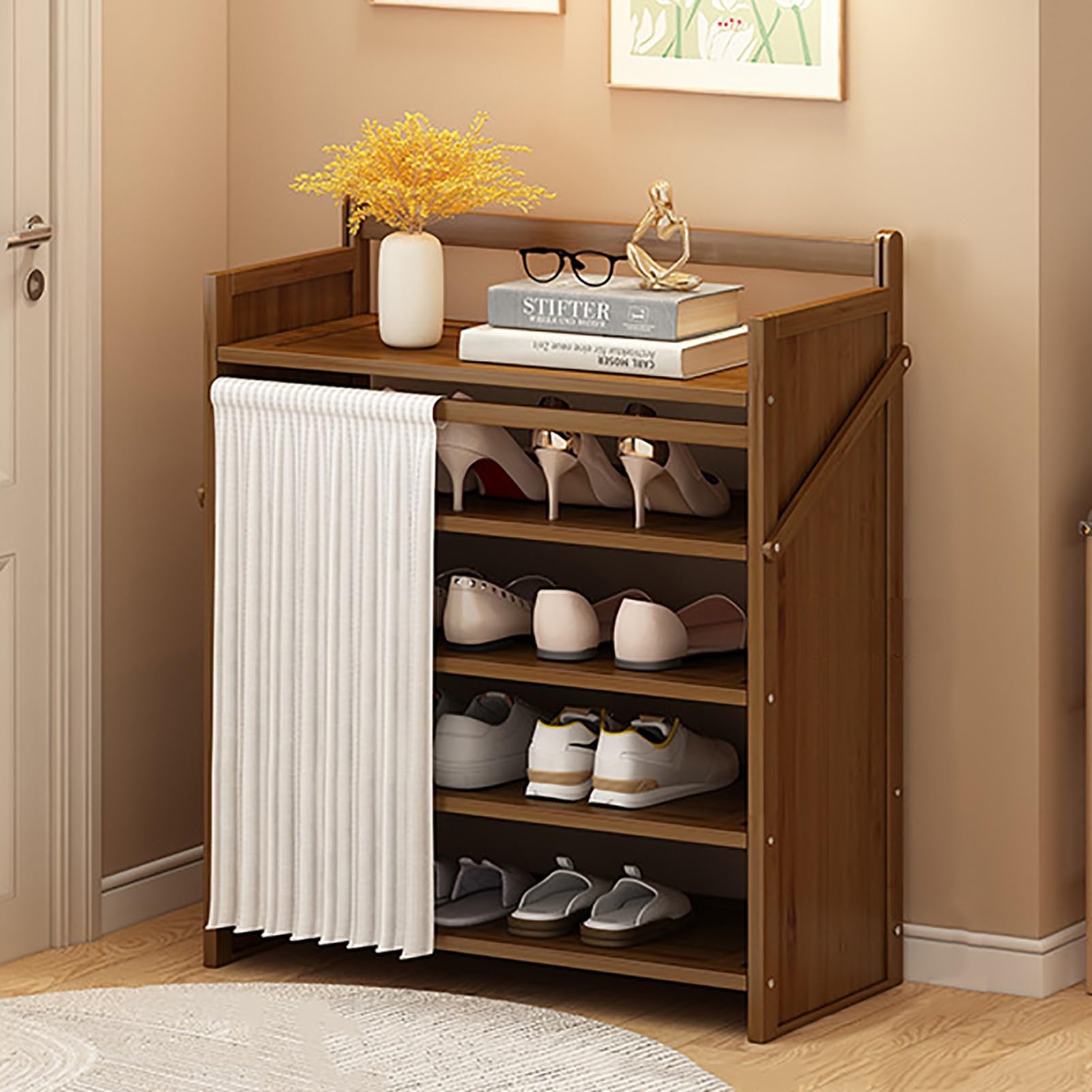Foldable Shoe Rack No Assembly Required Bamboo Shoe Indoor/Outdoor Storage Shelf Independent Shoe Cabinet for Entryway Camping 2 Tier Black Color(Brown-5 Layers 19.7in)