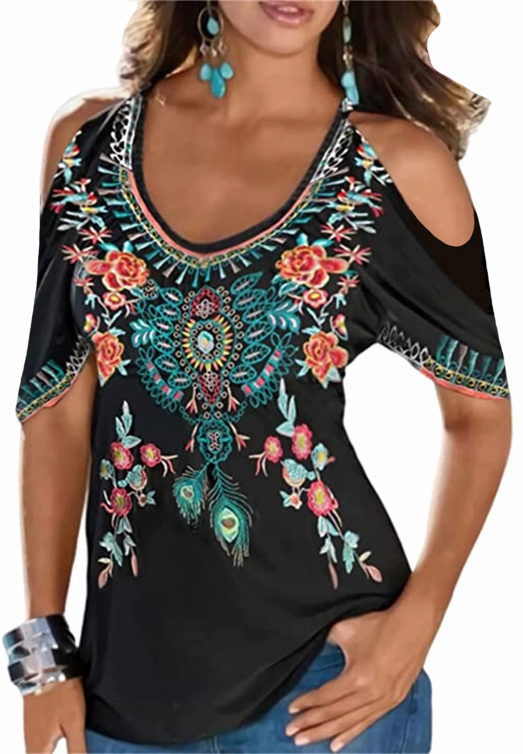 Melliflo Women Embroidered Cold Shoulder Tops Casual Peasant Blouses Summer Short Sleeve Mexican Shirts