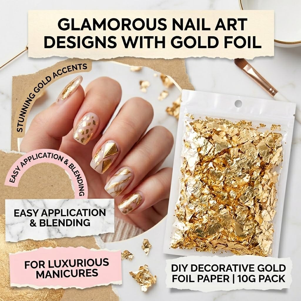 Gold Leaf Sheets, 10g Nail Foil Flakes for Nail Art Resin Craft Supplies