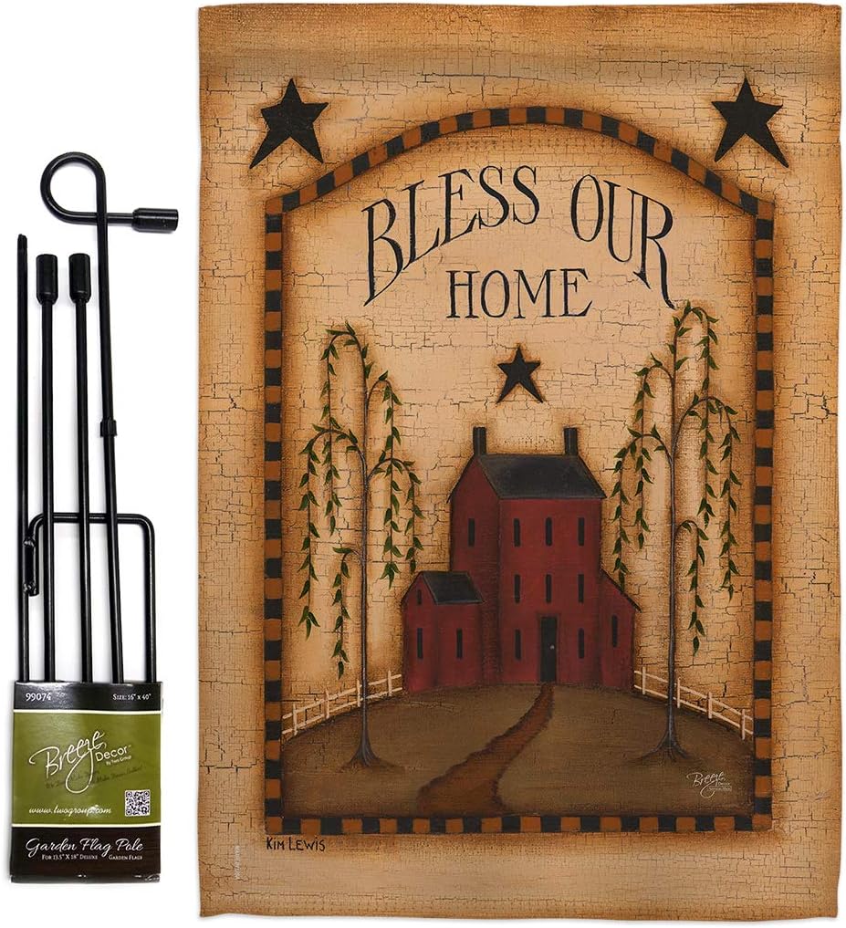 Primitive Classic Bless Our Home Garden Flag Set with Stand Country Living Farm Western Barn American Rustic Cowboy Rural Ranch Small Gift Yard House Banner Double-Sided Made in USA 13 X 18.5