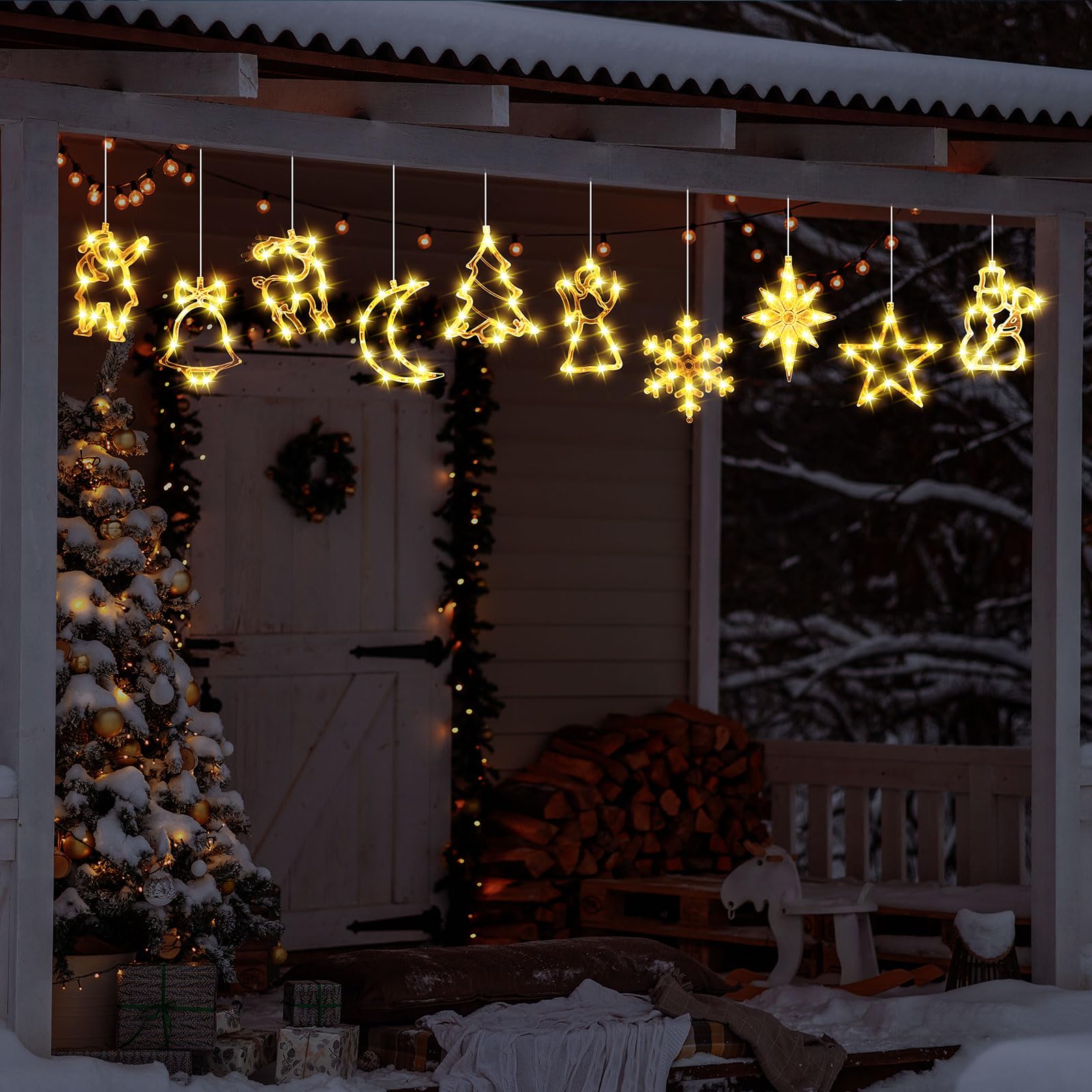 Tujoe 10 Stück Weihnachts-Fensterlichter, Dekorationen, beleuchtete Fenster-Silhouetten-Lichter mit Timer, Saugnapf, batteriebetrieben für Weihnachten, Urlaub, Neujahr, Innen- und Außendekoration