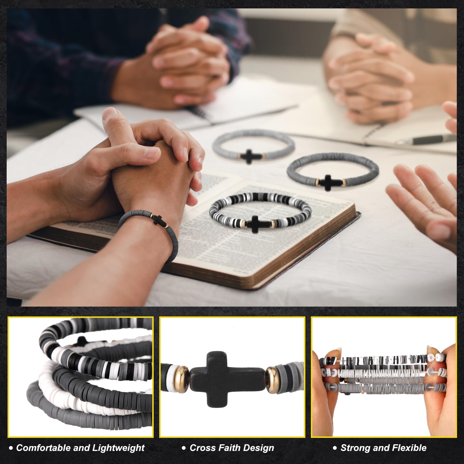 Pulsera Heishi Surfer con cuentas cruzadas para hombre, 24 unidades, de arcilla polimérica, apilable, regalos religiosos cristianos, Arcilla polimérica Turquesa, No es una piedra preciosa 3