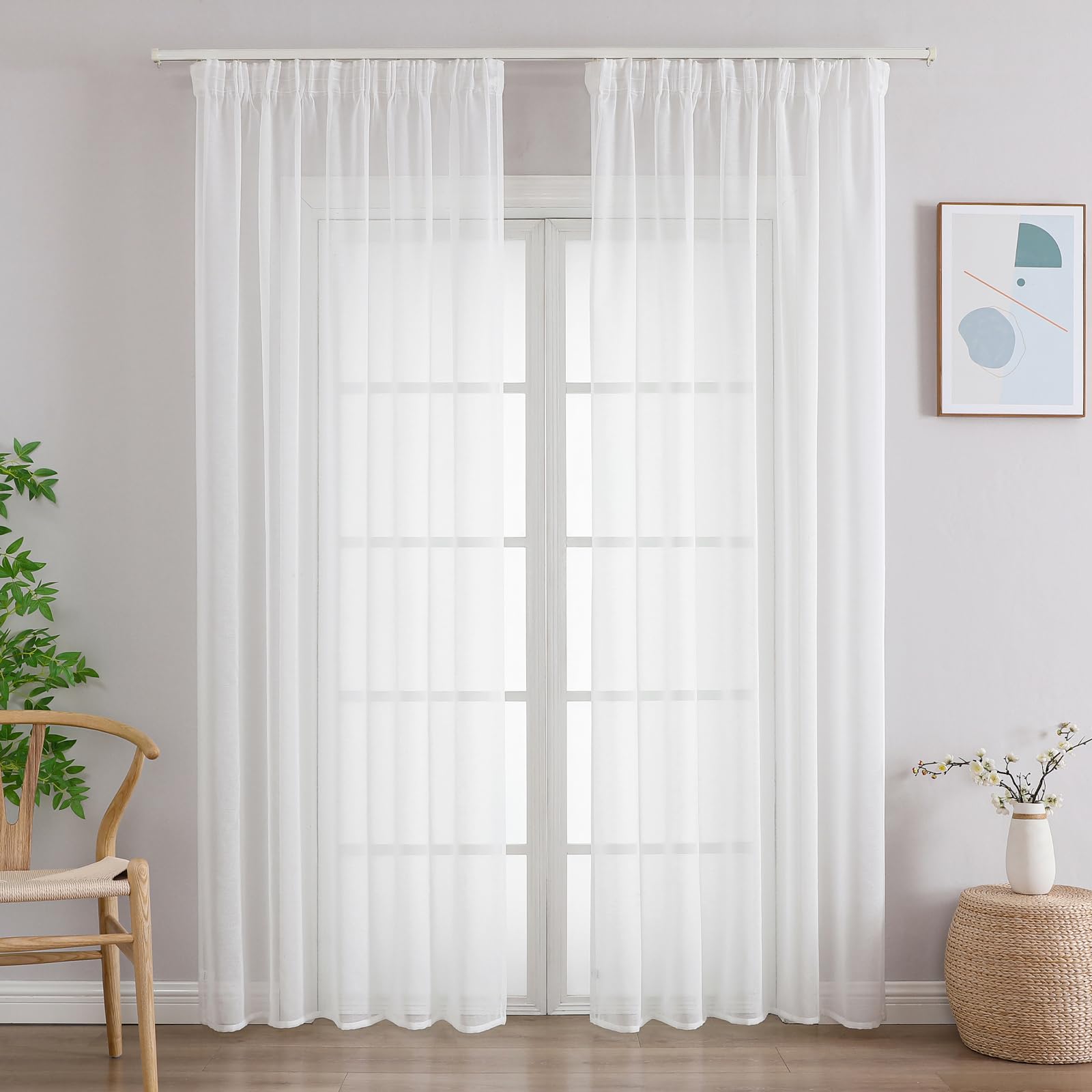 CUCRAF Gardinen mit Kräuselband,Transparent Vorhänge 2er Set für Wohnzimmer Schlafzimmer Kinderzimmer Vorhang