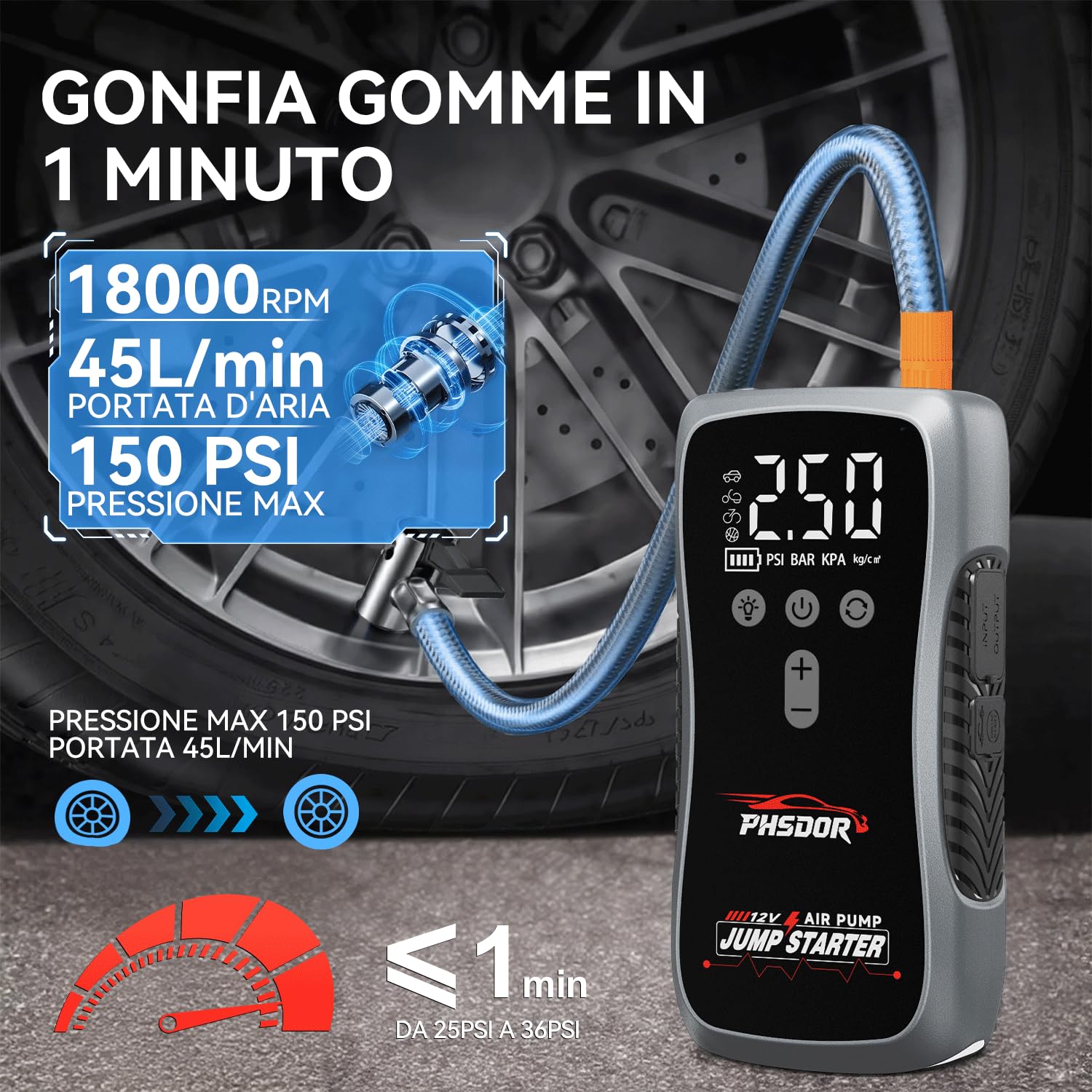 Avviatore Batteria Auto con Compressore 150PSI 8000A 25000mAh, Booster Avviamento Auto (Tutti Gas/10.0L Diesel), Avviatore Emergenza Starter Batteria con Torcia a LED