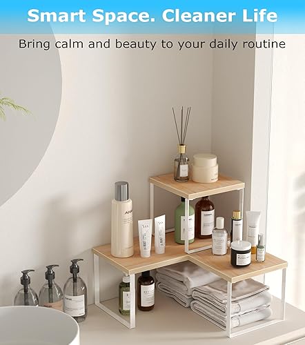 Miniatura 7 de Aothia Estante de escritorio de madera para la parte superior del escritorio, organizador de estantería ajustable de 2 niveles, estantes apilables