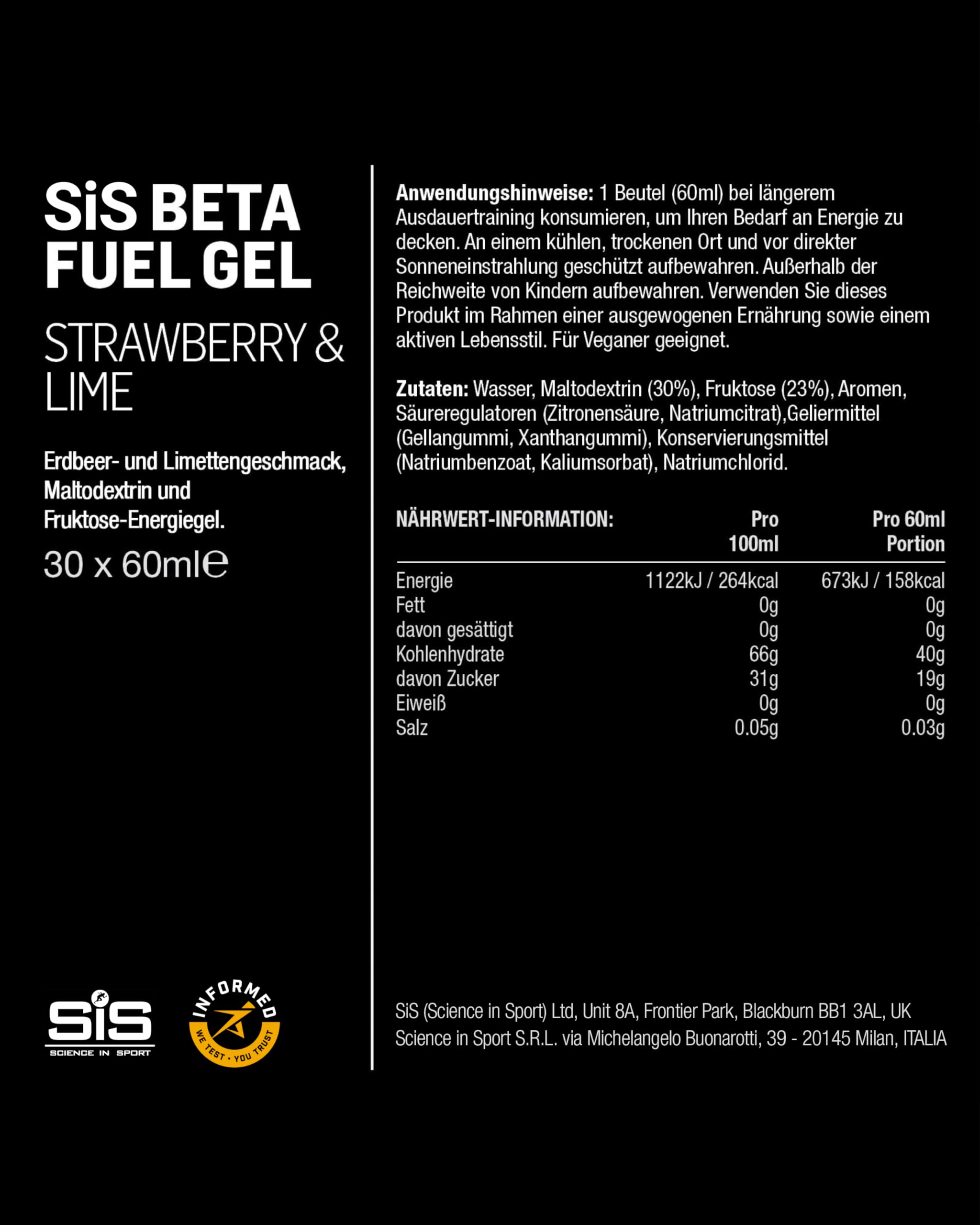 Science in Sport Beta Fuel Gel, 40g Carbs, Verhältnis Maltodextrin zu Fruktose 1 zu 0,8 verbessert Kohlenhydrataufnahme, reduziert Unwohlsein, Energiegel für Sportler, 30x60ml, Erdbeere & Limette