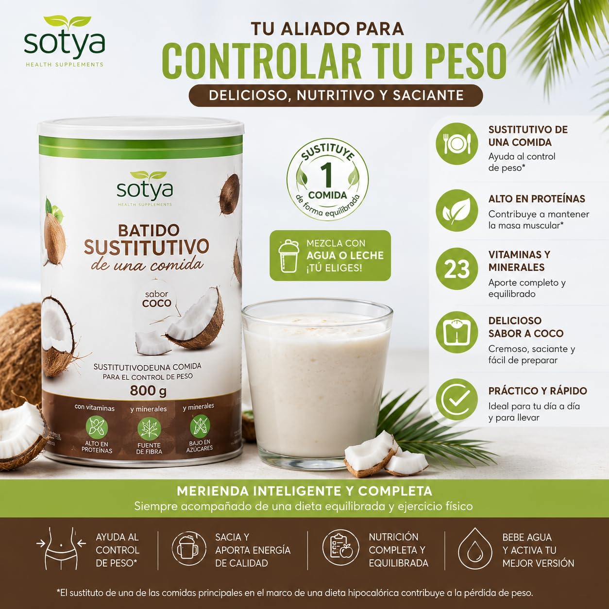 Sotya Batidos Saciantes Sustitutivos de Comida Control de Peso Pack 3 Sabores Capuchino Chocolate Vainilla Fibra Proteínas Vitaminas Café Verde