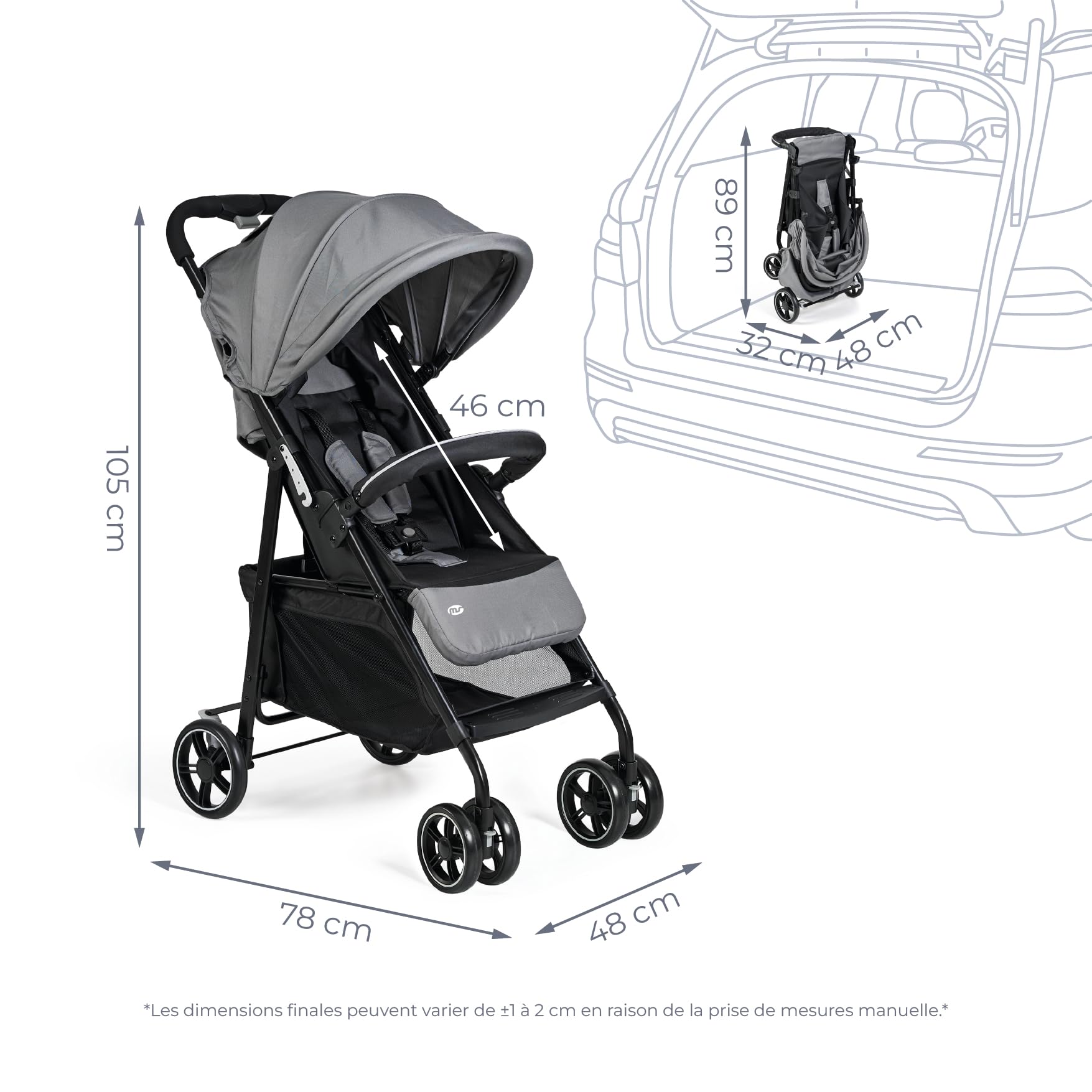 Ms BabyWorld – Poussette STREET – Poussette légère pour bébé | De la naissance jusqu'à 36 mois ou 22 kg | Avec amortisseurs | Capote XXL | Inclinaison maximale
