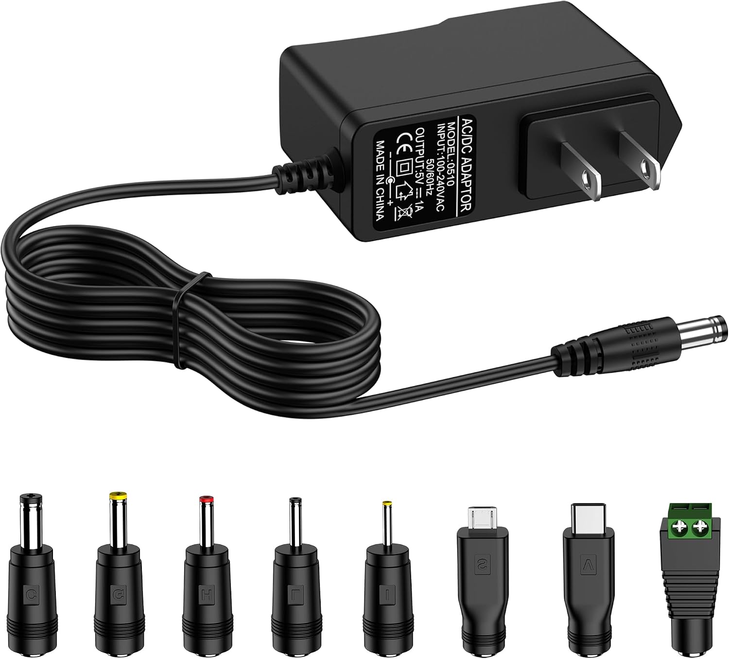 5V 1A DC Power Supply Adapter 5W AC/DC Charger AC 100V-240V to DC 5Volt 1Amp 0.5A Replacement Power Cord with 8 Plug Tips for Security Camera Baby Monitor Graco Swing TV Box Raspberry Pi USB Type-C