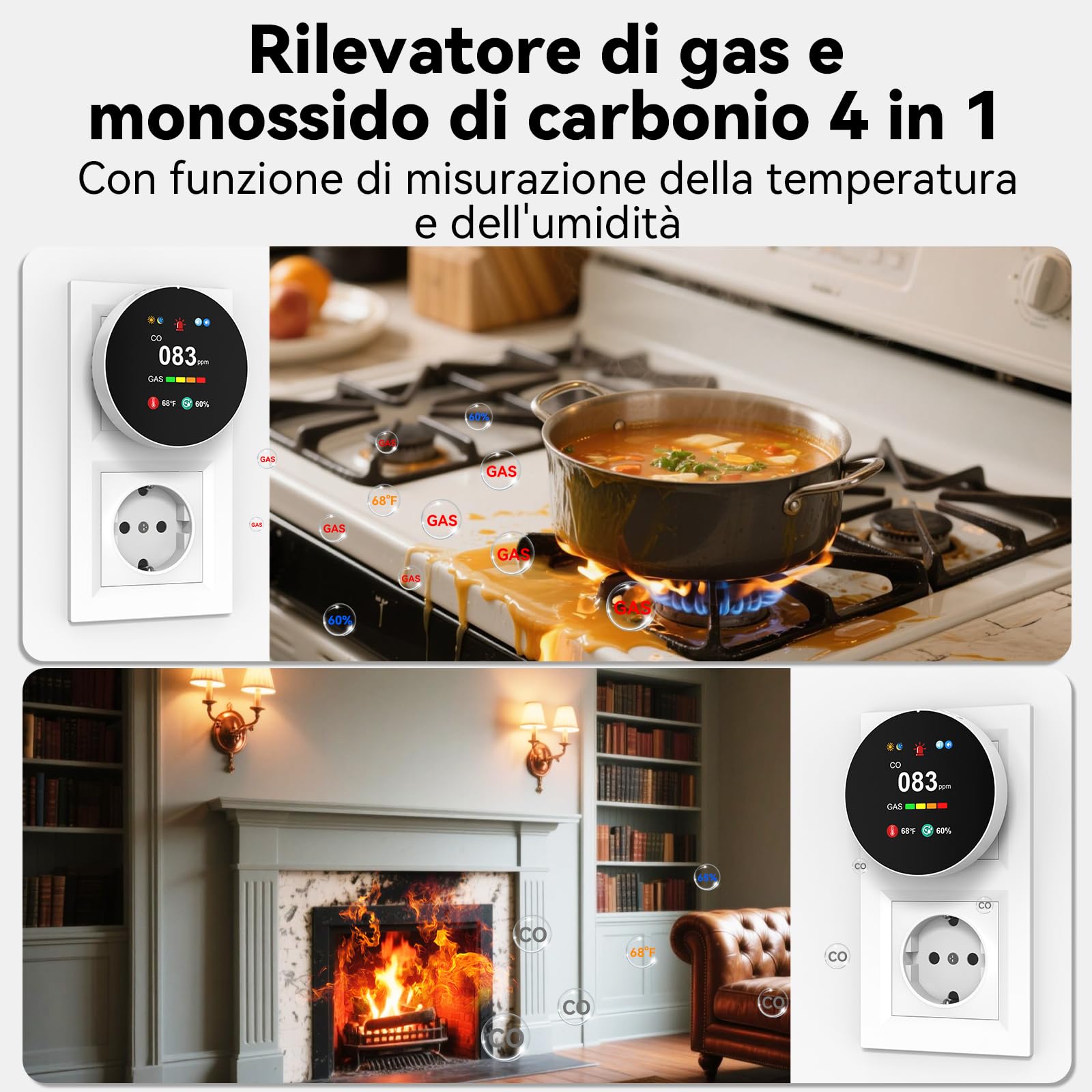 4-in-1 Rilevatore Gas e Monossido di Carbonio Plug-in, Allarme di CO con Regolazione Luminosità Schermo, Rivelatore di Naturale Gas, Bianco
