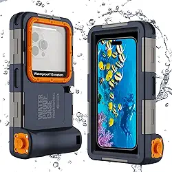 ShellBox Case Nova capa subaquática impermeável para iPhone 16/15/14/13/12/11/Pro Max/Pro/Plus/LG G8X Series (botão de volume à esquerda), [50FT/15M] Capas de mergulho profissional, azul-laranja