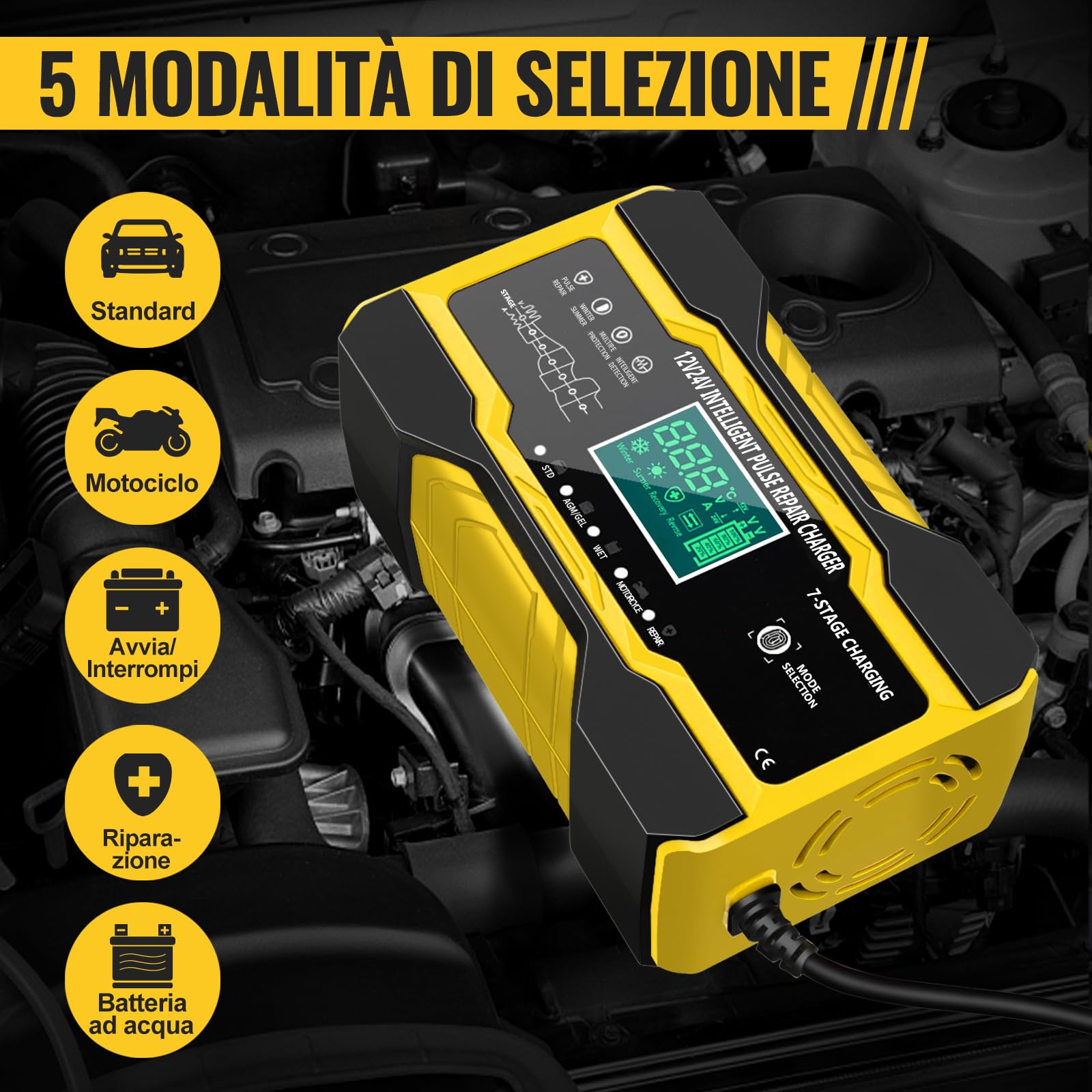 YDBAO Caricabatteria Auto di Carica 10A 12V/24V Caricabatterie Auto Moto con Schermo LCD Touch Multi Protezioni 5 Modalità di Ricarica Caricabatterie per Auto Moto AGM