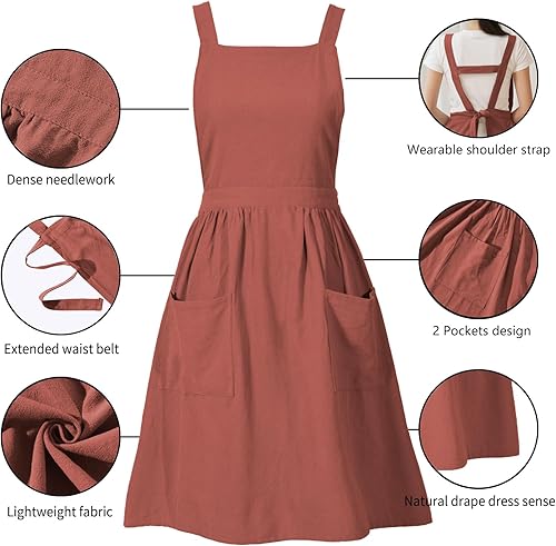 Miniatura 5 de Pinknoke Delantal de lino de algodón para mujer, con bolsillos, delantales de chef artístico, para cocina, hornear, jardinería, pintura