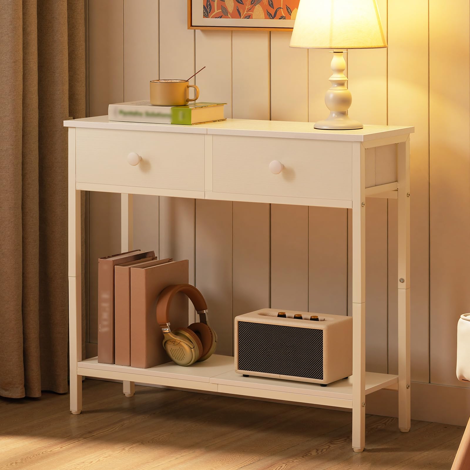 HOOBRO Consolle Ingresso, Tavolo con 2 Cassetti di Tessuto, 75 x 24 x 75 cm Tavolo da Divano, per Corridoio, Entrata e Soggiorno, Struttura Stabile, Bianco EWW71XG01