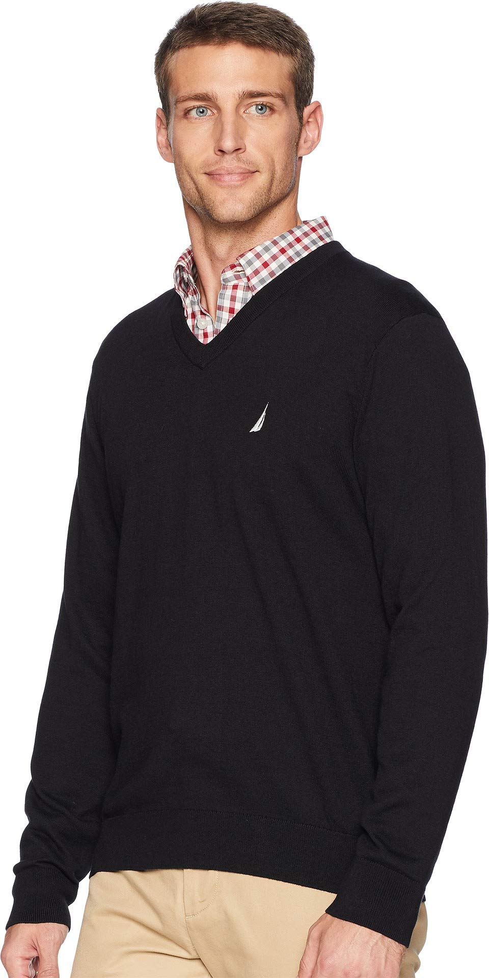 Nautica Men's Classic Fit Soft Lightweight Jersey V-Neck Sweater, True Black, Small