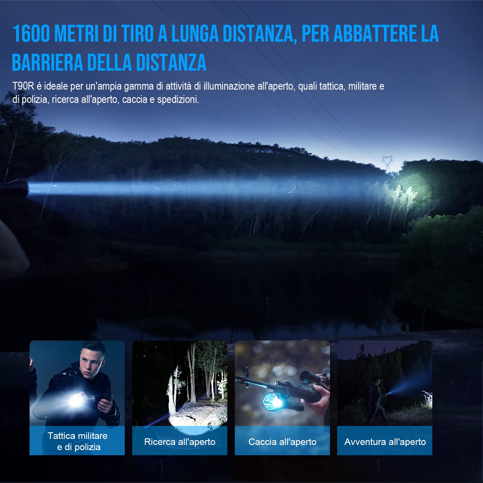 TrustFire T90R Kit torcia da caccia a LED ad alta potenza 4800 lumen, torcia tattica ricaricabile a lungo raggio 1600 metri Super luminosa impermeabile per la ricerca e il salvataggio della caccia