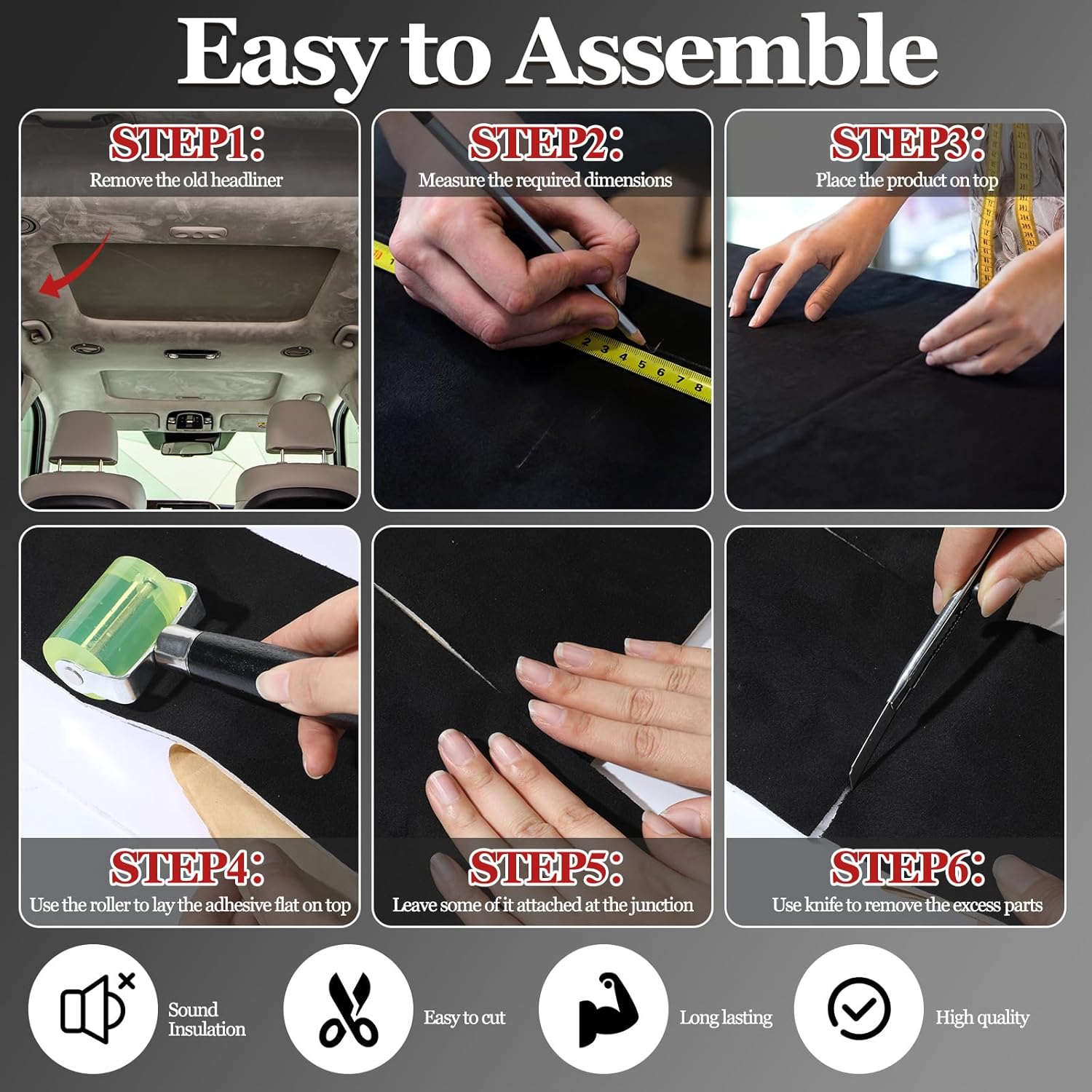 Self-Adhesive Auto Headliner Fabric 96×60 Inch Suede Headliner Replacement with Foam Backing Auto Roof Replacement Material with Roller and Knife for Car Truck SUV Rv Roof DIY(Black)
