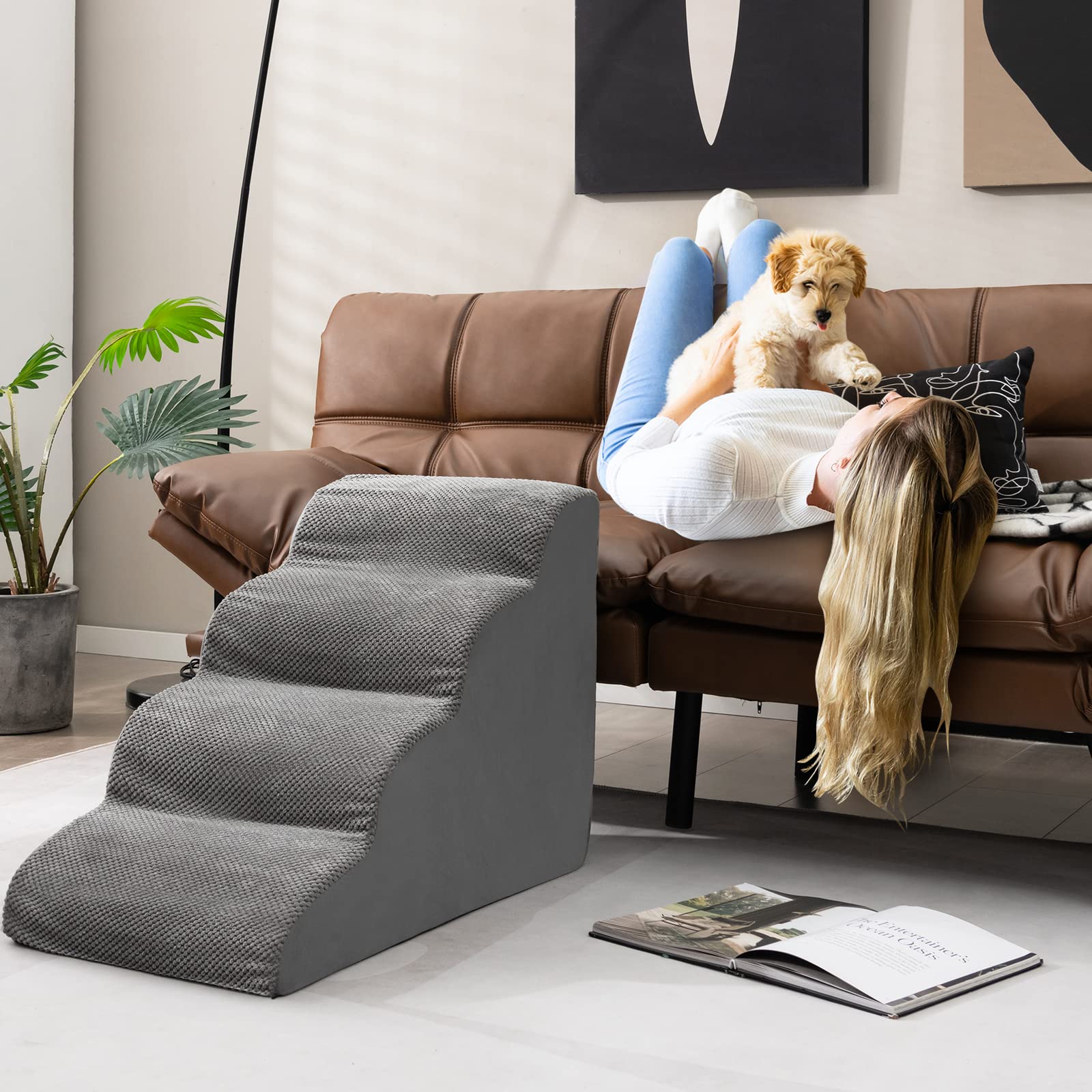 COSTWAY Rampa per Cani con 4 Scalini in Schiuma, Scala per Animali con Copertura Lavabile con Cerniera, Ideale per Animali Piccoli, Anziani e Feriti, 41 x 72 x 51 cm, Portata 30 kg
