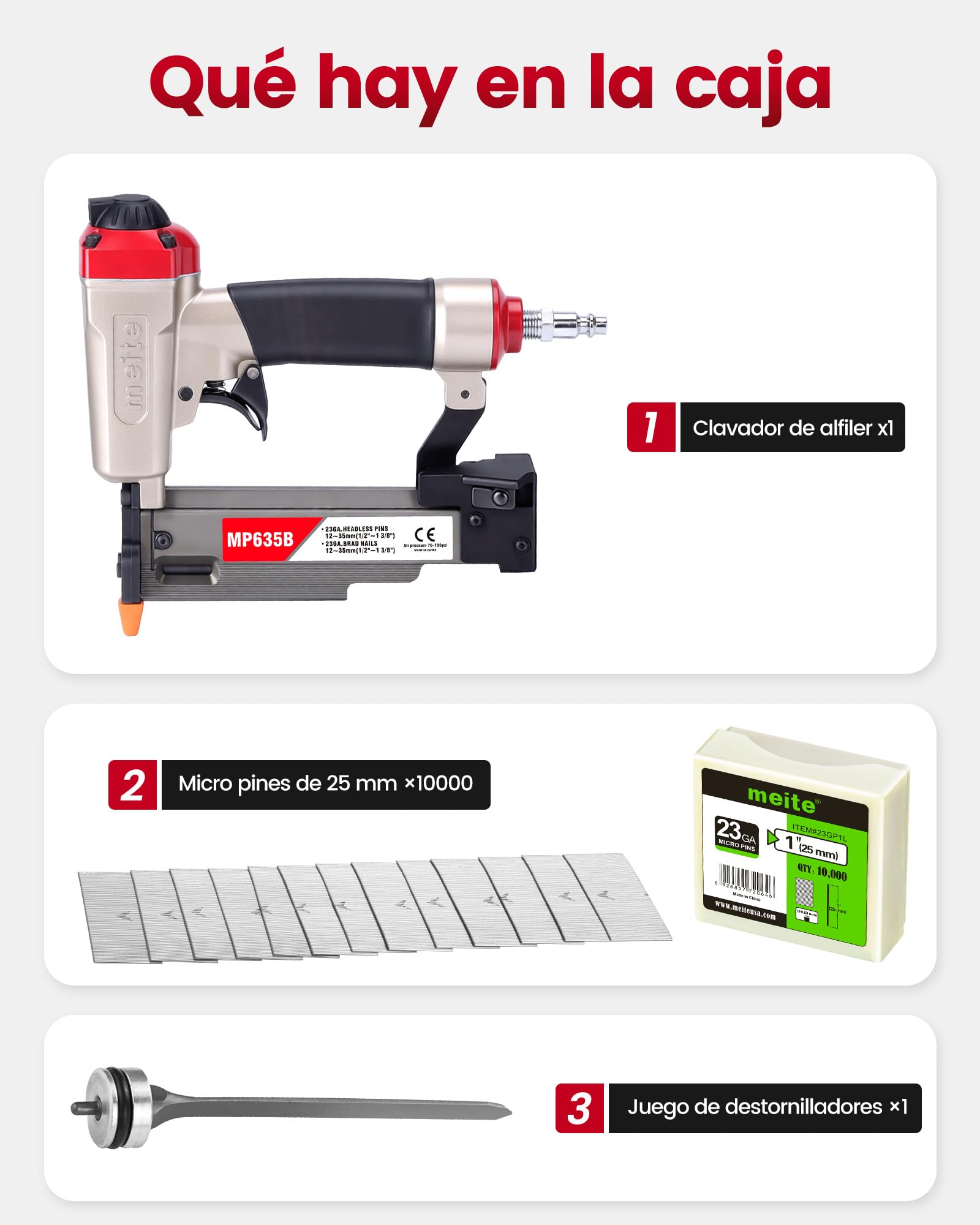 meite MP635B Clavadora Neumática de Clavos 23GA con 10.000 Clavos Pin, Pistola de Púas Neumática 23GA para Clavos Pin de 12-35 mm, Ideal para Molduras Finas, Paneles y Manualidades