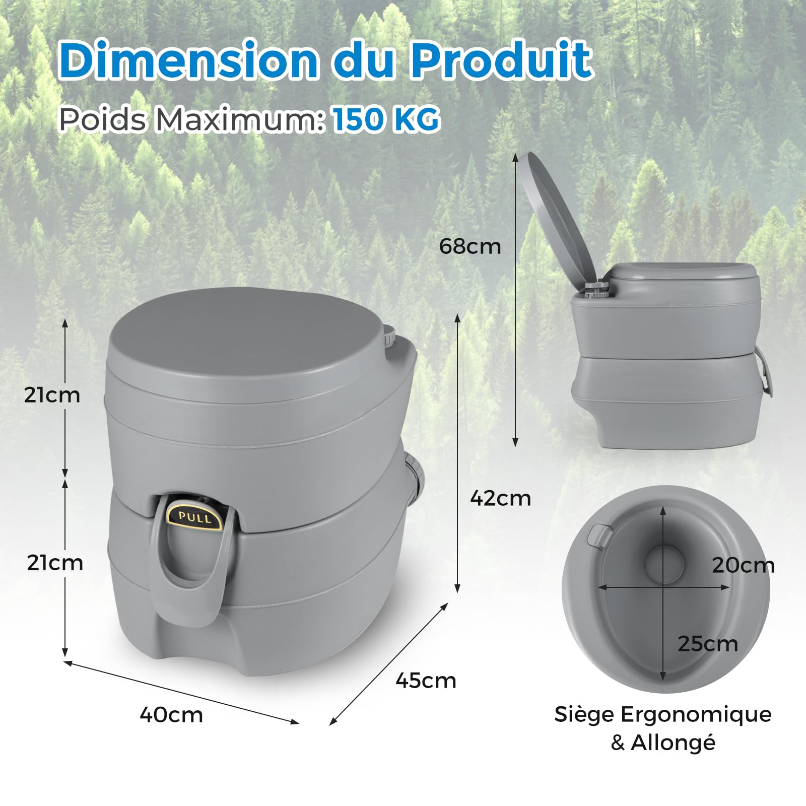 GOPLUS Toilettes Sèche Portable, Réservoir Eau 12L, Eaux Usées 20L, Pompe de Chasse d'eau, Supporte 150kg, Compacte à Double Sortie pour Camping, Pêche, Bateau,45 x 40 x 42 CM