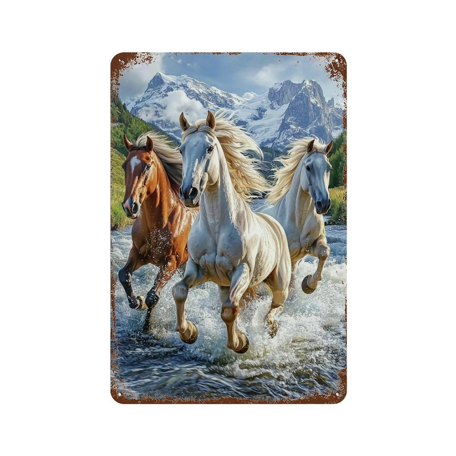Rust Effect Tin Sign Wild Horses in Mountain Stream 11.8"x7.9", Industrial Home Decor for Garage, Bar And Workshop Decor