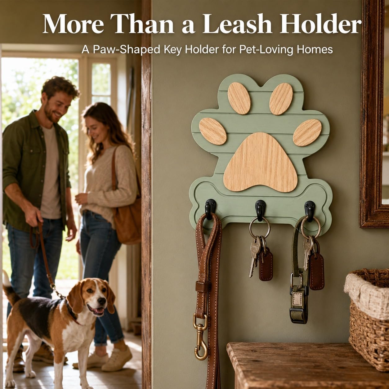 2pcs Dog Leash Holder for Wall, Dog Leash Holder, Dog Leash Hooks for Wall,Dog Leash Hanger,Dog Paw Key Holder,Wall Mounted Dog Leash and Key Holder,Rustic Pine Wood Decor（Sage Green）