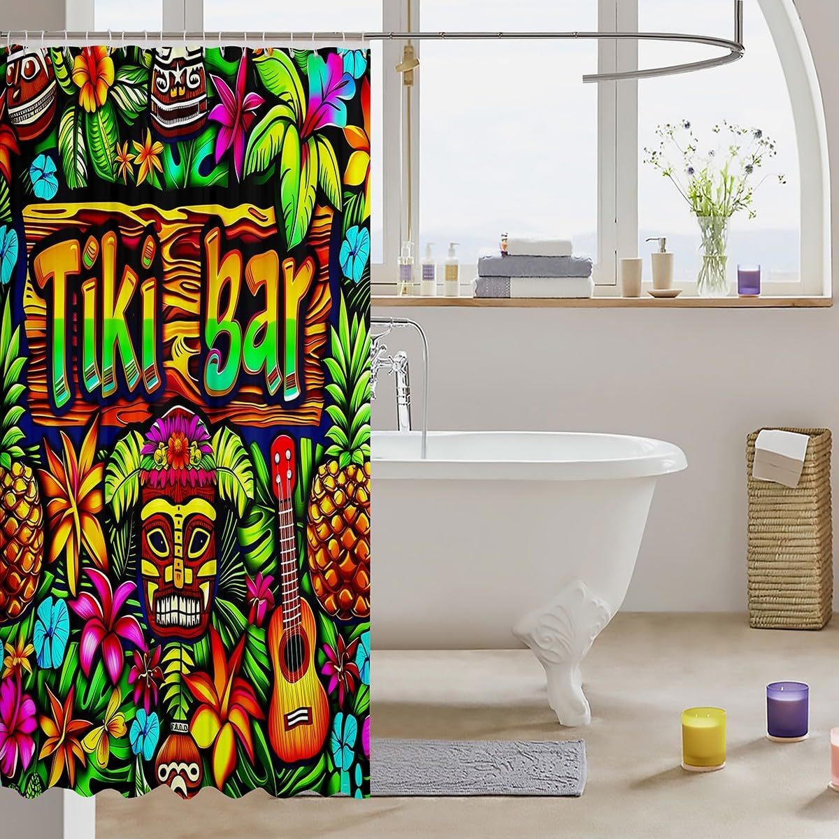 Erosebridal Tiki Bar Kids Bath Curtain Watercolor Tiki Pattern Bathroom Curtains Happy Hawaii Party Shower Curtains Green Tropical Plants Palm Leaves Bathroom Accessories 72"Wx78"L For Boys Girls Teen