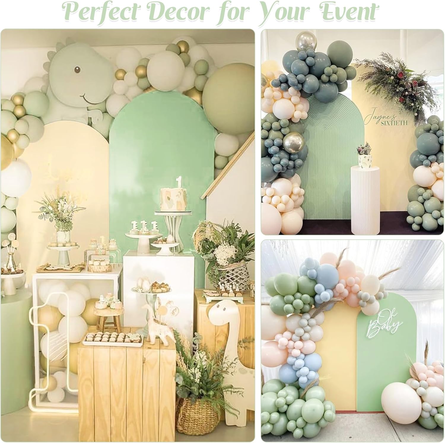 7.2FT & 6.6FT Metal Arch Backdrop Stand and Round Top Spandex Fitted Arch Backdrop Cover for Birthday Party Baby Shower Ceremony Decoration（6.6 FT Sage Green, 7.2 FT Beige）