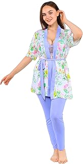 طقم بيجامة حريمي صيفي 3 قطع روب بتفاصيل دانتيل ولمسات زهرية - طقم بيجامة حريمي صيفي بتصميم انثوي فاخر