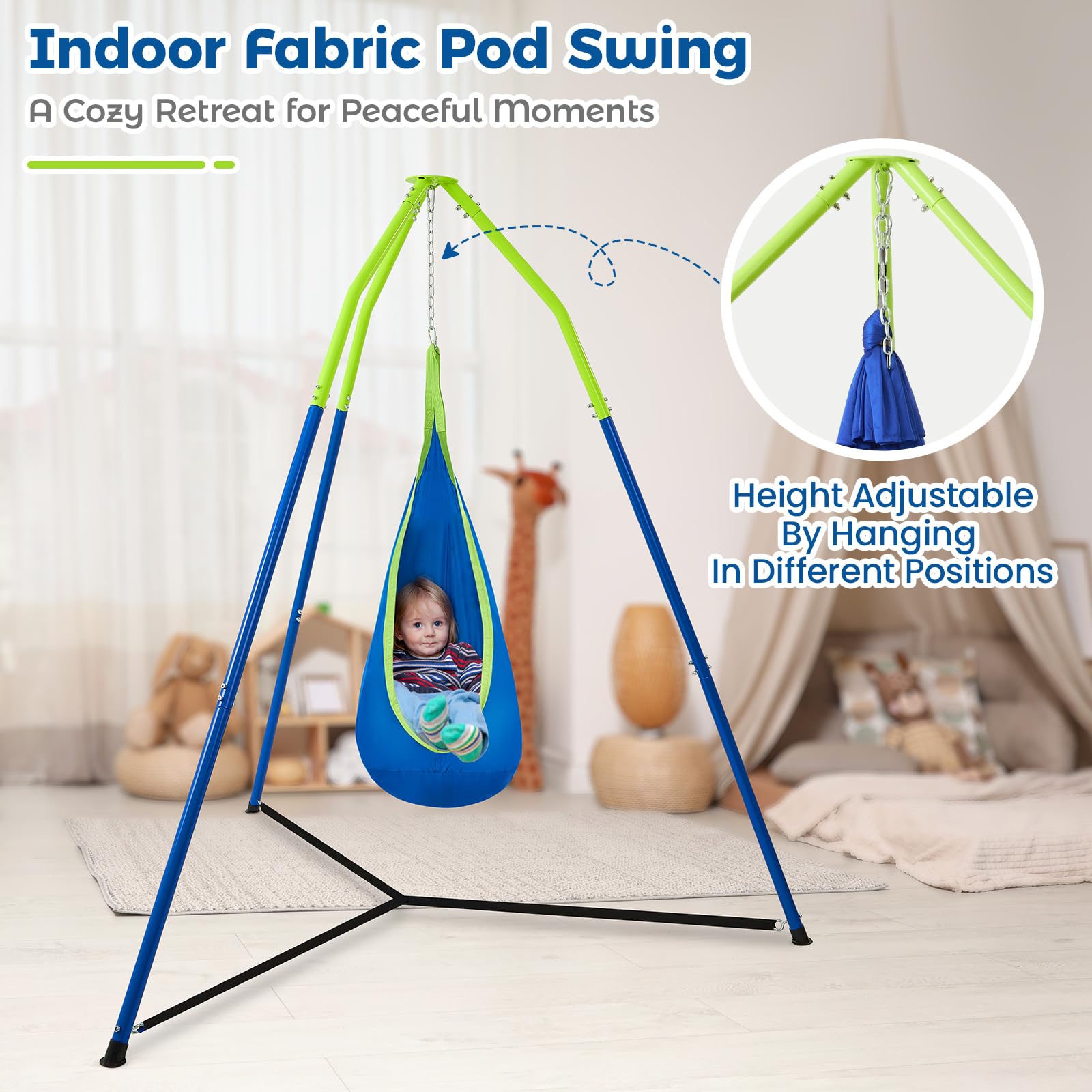 FUNLIO Soporte de Hamaca 2 en 1, Set de Hamaca Colgante con Marco Triangular, Soporte de Acero Resistente, 90 kg Capacidad, Interior & Exterior, Diseño Altura Ajustable