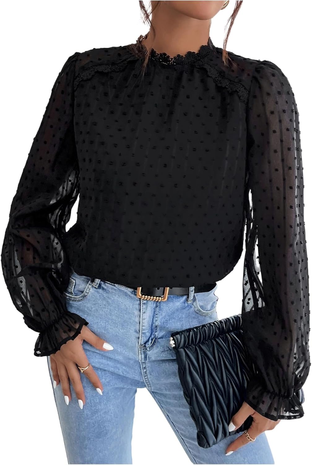 OYOANGLE Women's Swiss Dots Sheer Flounce Long Sleeve Blouse Lace Mock Neck Dressy Elegant Top