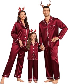 Family Matching Pajamas Set Silk Satin Button Down Sleepwear Long Sleeve Nightwear 2 Pcs Pj Set