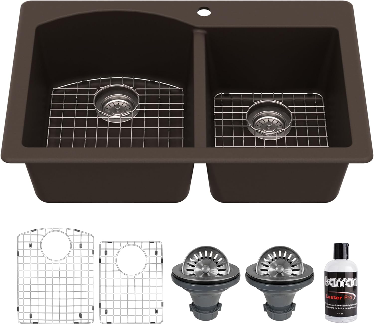 Karran 33" Drop-In/Top Mount Quartz Composite 1-Hole 60/40 Double Bowl Kitchen Sink Kit in Brown