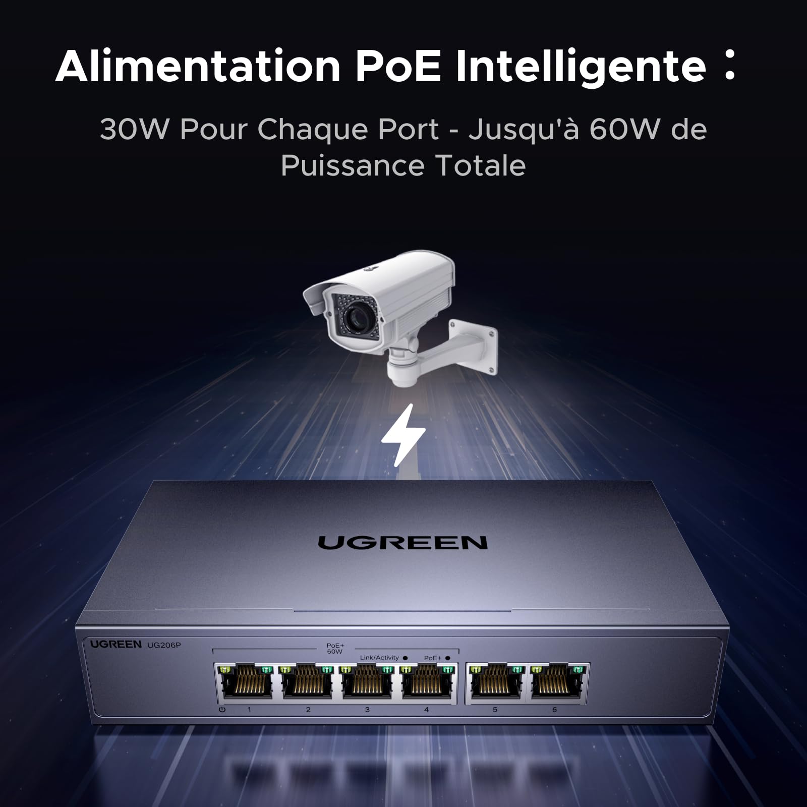 UGREEN Switch Ethernet PoE 6 Ports Gigabit Commutateur RJ45 4 Ports PoE+ | Hub Réseau Boitier Métal 6KV Protection Contre la Foudre pour Bureau et Maison Plug Play Compatible avec PC TV Nas Caméra